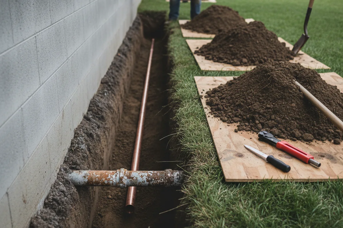 Excavated water line trench during Water Softener Installation in Rowlett